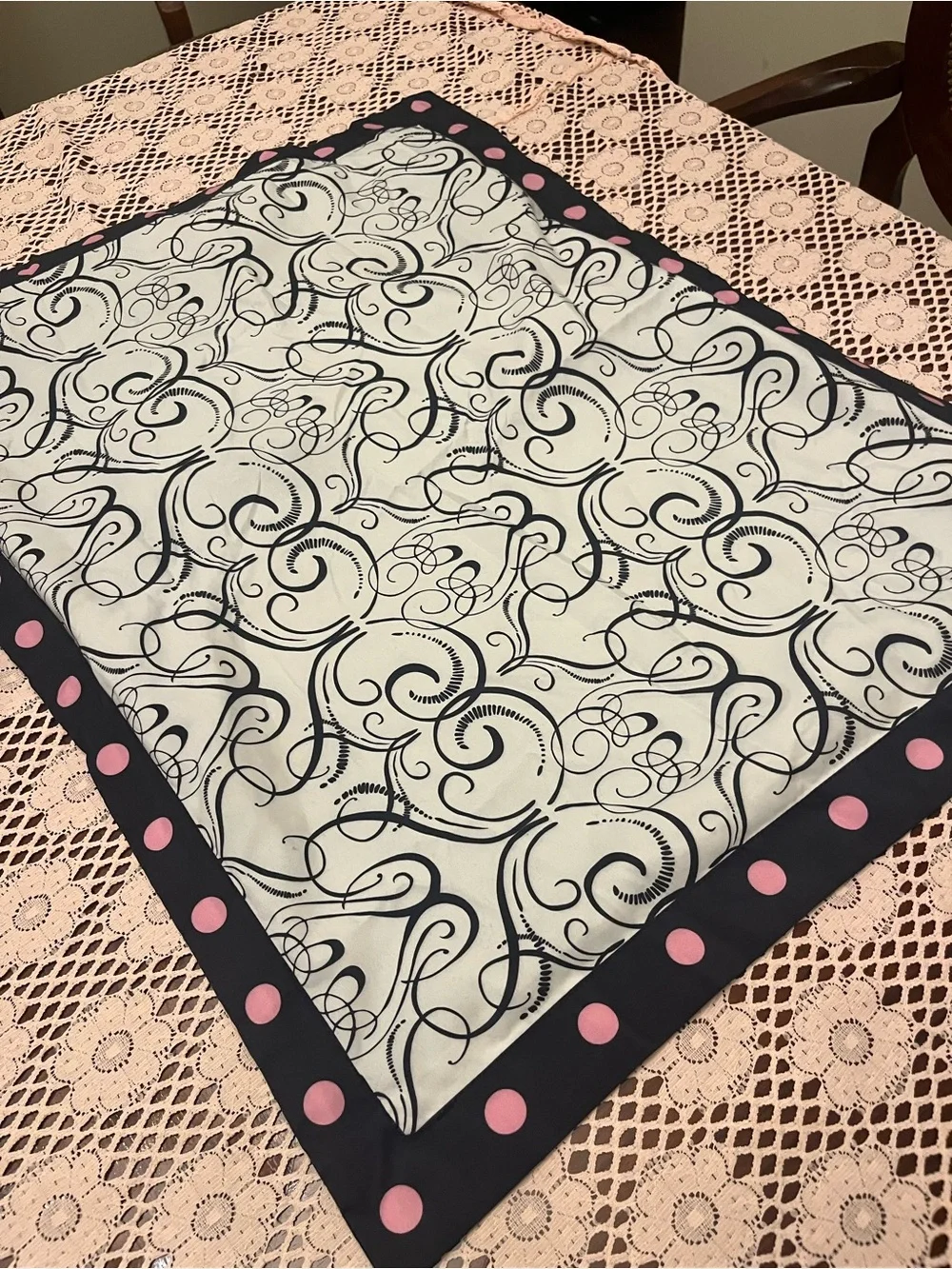 Black Scroll Pattern Square pillow sham with Pink Polka Dot Border